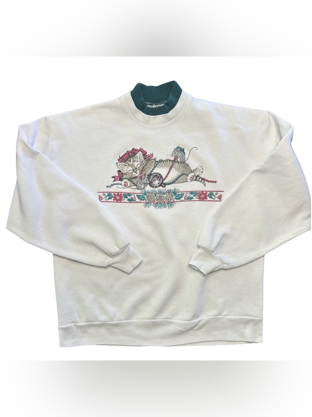 VTG 90s made USA granny cottagecore whimsical Christmas cat W mice sweatshirt L